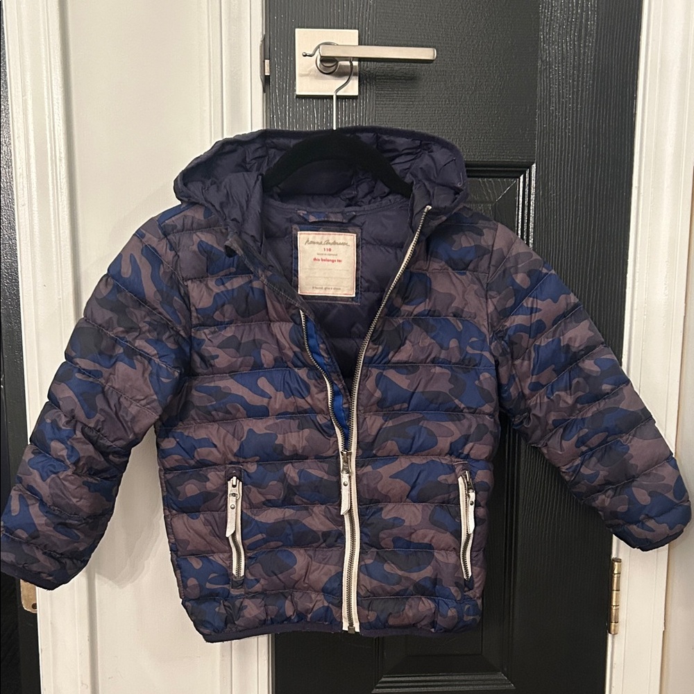 Hanna Andersson Blue and Gray Camo Puffer Jacket 110